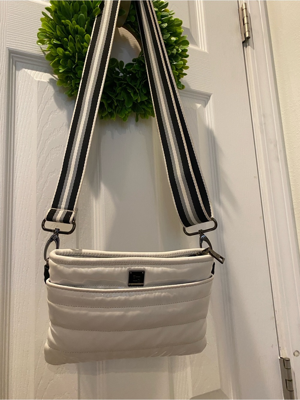 THINK ROYLN Cream Quilted Crossbody with Black-and-Cream Striped Strap
